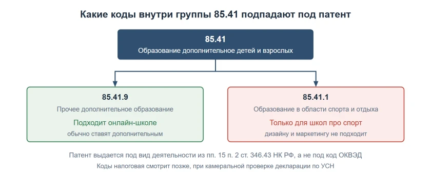 Какие коды внутри группы 85.41 подпадают под патент: 85.41, 85.41.9 и 85.41.1