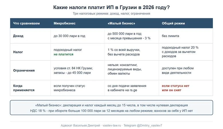 Какие налоги платит ИП в Грузии в 2026 году: микробизнес, «Малый бизнес» и общий режим - доход, налог, ограничения и когда режим применяется