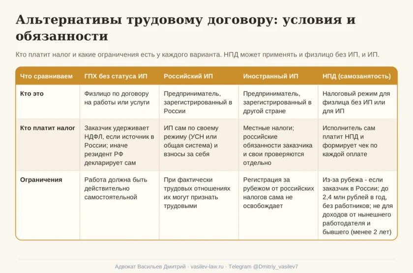 Схема 5. Альтернативы трудовому договору: условия и обязанности