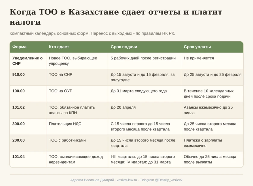   Схема 6. Календарь отчетности и уплаты налогов ТОО  